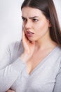 Woman In Pain. Beautiful Girl Feeling Toothache, Jaw, Neck Pain Royalty Free Stock Photo