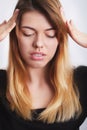 Woman In Pain. Beautiful Girl Feeling Toothache, Jaw, Neck Pain Royalty Free Stock Photo