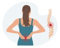 Woman with pain in the cervical and lumbar vertebrae. Back pain, muscle pain, osteoarthritis, rheumatoid arthritis.