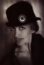 Woman with painted mustache in hat Royalty Free Stock Photo