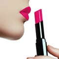 Woman painted pink lips. Beauty lips make-up. Perfect skin, full