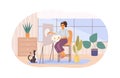 Woman painter drawing image on canvas easel cat sitting next to owner. Female artist home lesson