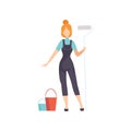 Woman Painter with Roller, Female Construction Worker Character Vector Illustration