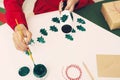 Woman painting on her Chirstmas tree paper. Xmas concept