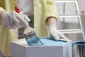 Woman painting honeycomb shaped shelf with brush indoors, closeup. Space for text