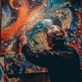 A woman is painting a large abstract painting. Generative AI image.