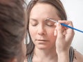 Woman paints eyebrows at home closeup. Brown Make Up