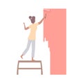 Woman Paints The Wall With Roller In Coral Flat Vector Illustration