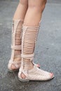 Woman with pale pink high open sandals before Diesel Black Gold fashion show, Milan Fashion Week street style