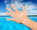 Woman palm with sunscreen lotion Royalty Free Stock Photo