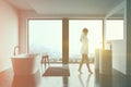 Woman in panoramic modern bathroom