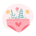 Woman panties with flowers and leaves sticking out. Women menstrual period