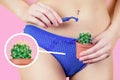 A woman in panties is holding a green cactus in a brown pot and a razor. The concept of depilation, epilation and