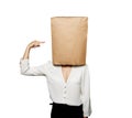 Woman with paper bag on the head