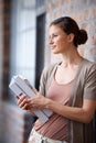 Woman, paperwork and thinking at wall for research project for planning thoughts or brainstorming, document or Royalty Free Stock Photo