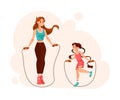 Woman Parent with Her Daughter Skipping Rope Doing Sport and Physical Exercise Vector Illustration Royalty Free Stock Photo