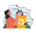 Woman participating in waste separation. Flat vector illustration.