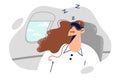 Woman passenger on airplane sleeps with mask over eyes, going on business trip. Royalty Free Stock Photo