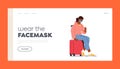 Woman Passenger on Summer Vacation Trip Landing Page Template. Female Character in Mask Sit on Luggage Hold Smartphone