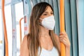 Woman passenger wearing medical hygiene protect mask. Standing inside subway train commuter in the city. Royalty Free Stock Photo