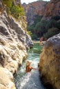 View of Kourtaliotis river and canyon near Preveli beach at Libyan sea, river and palm forest, southern Crete.
