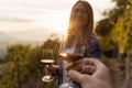 Woman passing a red wine glass at her boyfriend. vineyard during sunset Royalty Free Stock Photo