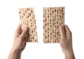 Woman with passover matzo on white background, closeup