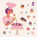 A woman pastry chef decorates cakes with cream. Vector illustration