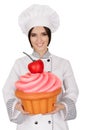 Woman Pastry Chef Holding Huge Cupcake Royalty Free Stock Photo