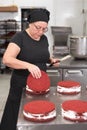 Woman pastry chef smiling and working happy, making cakes at the pastry shop.