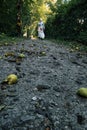 Woman on path with fallen apples in rural France