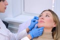 Woman patient is consulted by a cosmetologist before injections into the face.
