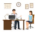 Woman patient at doctors consultation in clinic office. Male doctor in uniform consulting female patient character