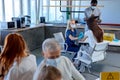 Woman Patient getting shot at hospital or clinic. Confident caucasian doctor at work Royalty Free Stock Photo