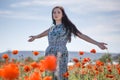 Woman in patterned sundress on flower field Royalty Free Stock Photo