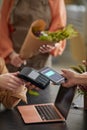 Woman Paying by NFC in Flower Shop Royalty Free Stock Photo