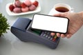 Woman payment purchase for phone and pay pass online terminal Royalty Free Stock Photo