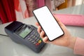 Woman payment purchase for phone and pay pass online terminal