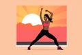 A woman peacefully practices yoga as the sun sets on the horizon., Woman following a dance fitness routine on television, AI Royalty Free Stock Photo