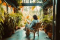 A woman is peacefully reading a book surrounded by indoor plants in a garden room.