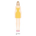 Woman pear body shape character in dress. Female Vector illustration silhouette 9 nine head size lady figure front view