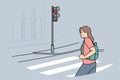 Woman pedestrian crosses road at red traffic light, putting own life and health car drivers at risk Royalty Free Stock Photo