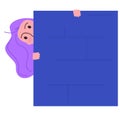 Woman peeking behind blue wall, curious female with purple hair looking at something. Playful character hiding, peekaboo Royalty Free Stock Photo