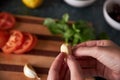 Woman peeling garlic whilst preparing dinner Royalty Free Stock Photo