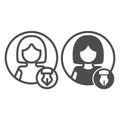 Woman, pen in circle, avatar of writer, journalist line and solid icon, ui concept, copywriter vector sign on white