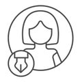 Woman, pen in circle, avatar of writer, journalist thin line icon, ui concept, copywriter vector sign on white