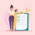 Woman with pencil marked checklist on a clipboard paper. Flat design modern vector illustration concept