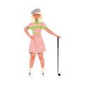 Woman Pensioner Character in Pink Shorts with Club Playing Golf Engaged in Hobby Activity on Retirement Vector