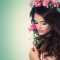 Woman with Peony Flower on Green Background. Relaxing