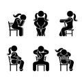 Woman people various sitting position. Posture stick figure. Vector seated person icon symbol sign pictogram on white. Royalty Free Stock Photo